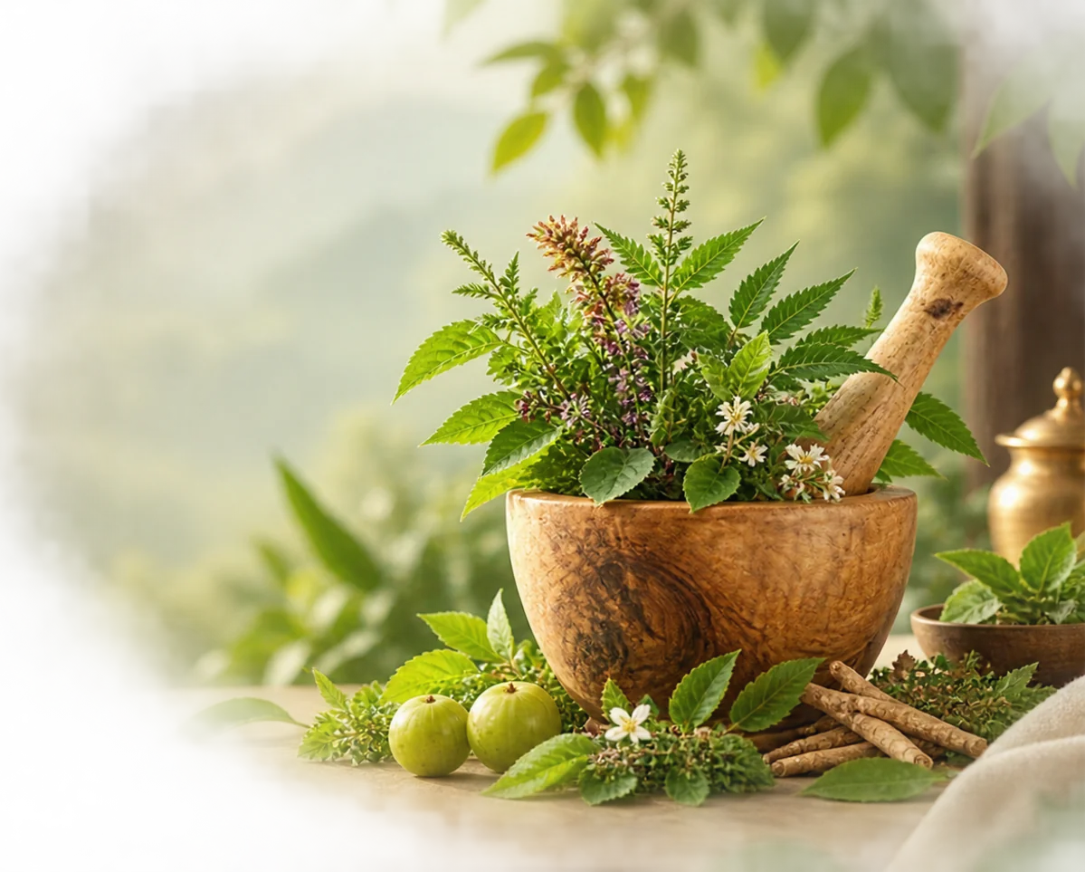 Handcrafted wooden Ayurvedic mortar and pestle with fresh medicinal herbs in warm morning light